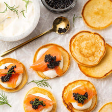 Load image into Gallery viewer, Mini Blinis smoked Salmon and Caviar 9 pcs
